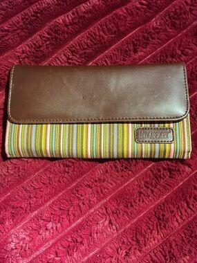 Longaberger Brown Leather Trim Multicolor Striped Clutch Wallet